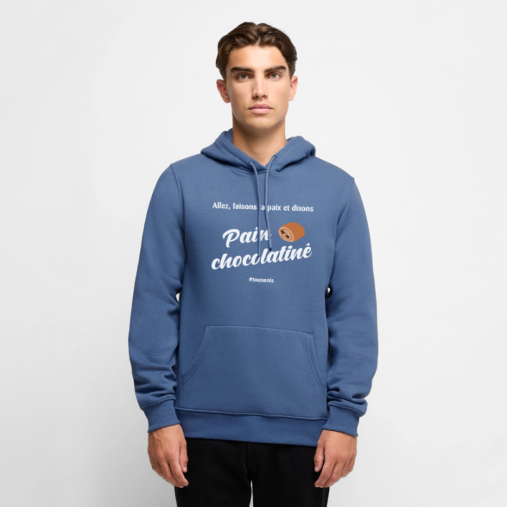 Sweat-shirt à capuche premium homme - Pain au chocolat Vs Chocolatine - bleu pigeon - front