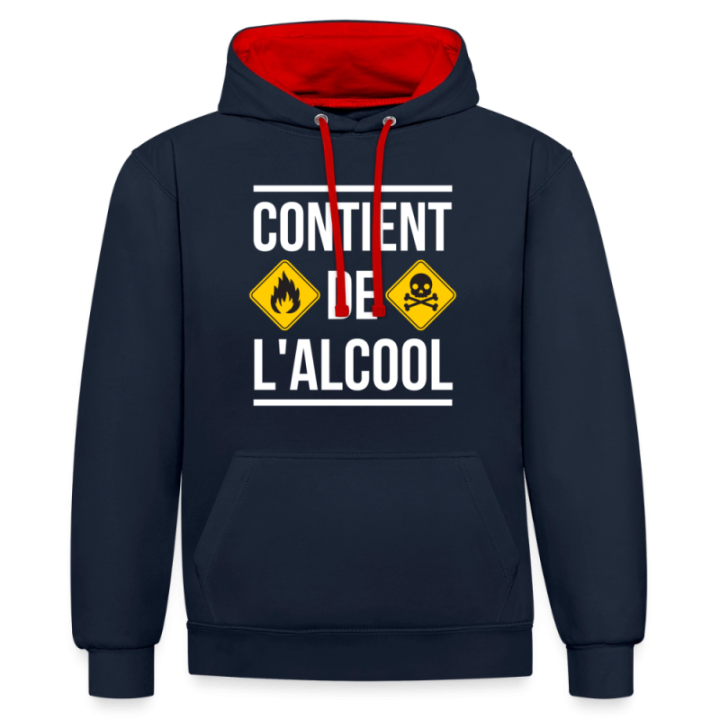 Sweat-shirt à capuche contrasté unisexe - Contient de l'alcool - bleu marine/rouge - front