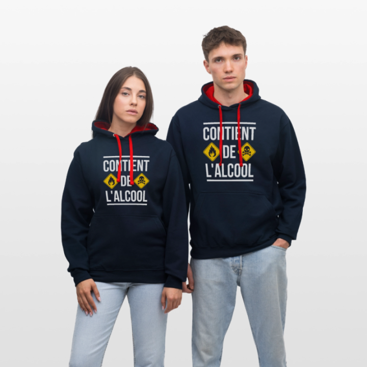 Sweat-shirt à capuche contrasté unisexe - Contient de l'alcool - bleu marine/rouge - front