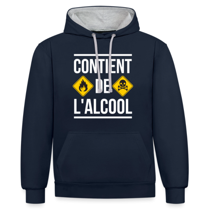 Sweat-shirt à capuche contrasté unisexe - Contient de l'alcool - bleu marine/gris chiné - front