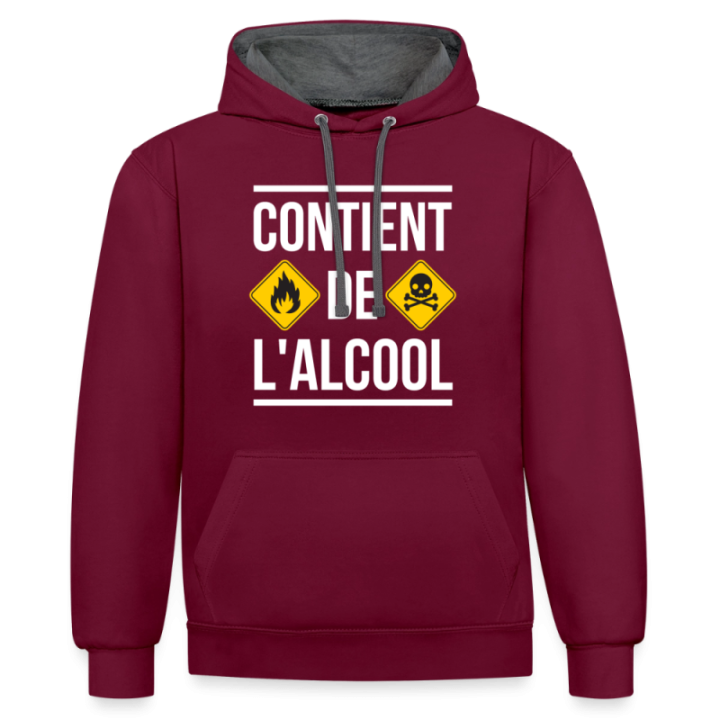 Sweat-shirt à capuche contrasté unisexe - Contient de l'alcool - bordeaux/anthracite - front