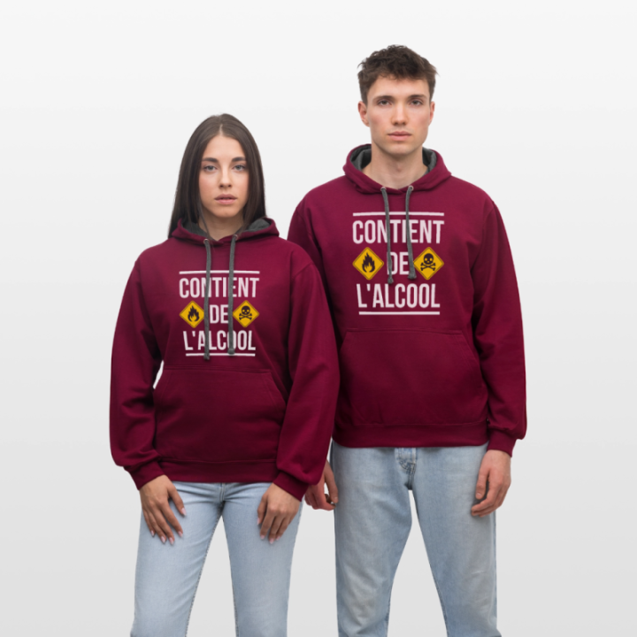 Sweat-shirt à capuche contrasté unisexe - Contient de l'alcool - bordeaux/anthracite - front