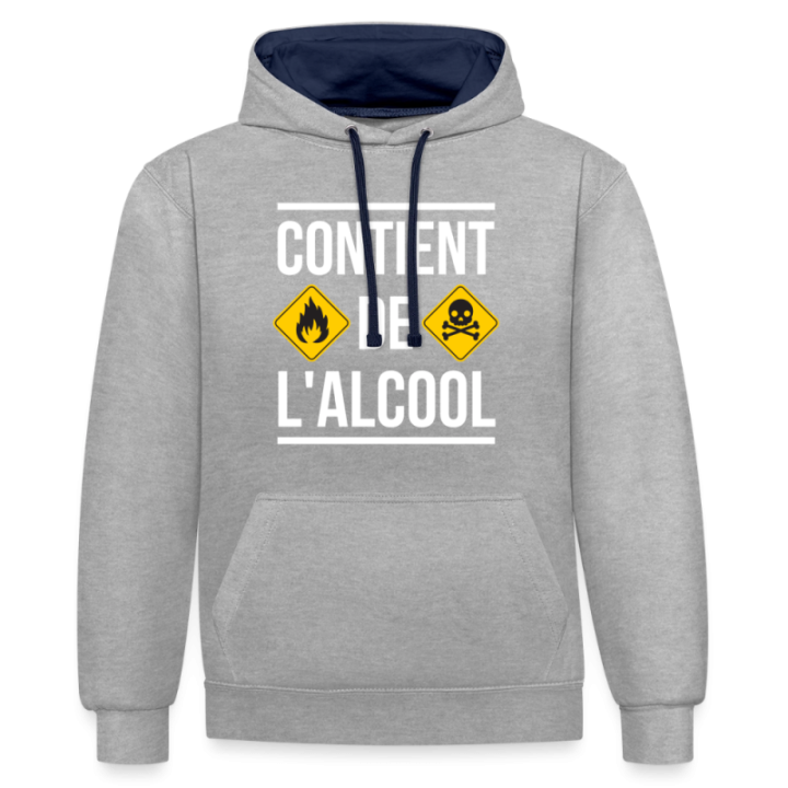 Sweat-shirt à capuche contrasté unisexe - Contient de l'alcool - gris chiné/bleu marine - front