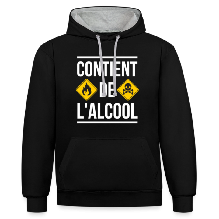 Sweat-shirt à capuche contrasté unisexe - Contient de l'alcool - noir/gris chiné - front