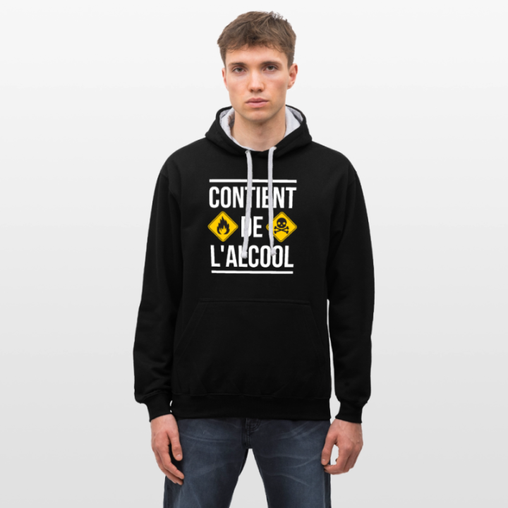 Sweat-shirt à capuche contrasté unisexe - Contient de l'alcool - noir/gris chiné - front