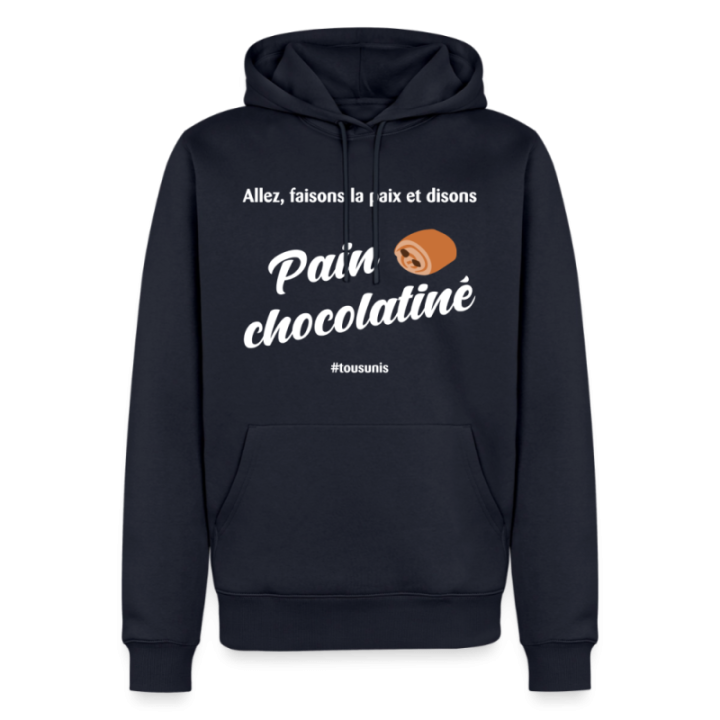 Sweat-shirt à capuche premium homme - Pain au chocolat Vs Chocolatine - bleu marine - front