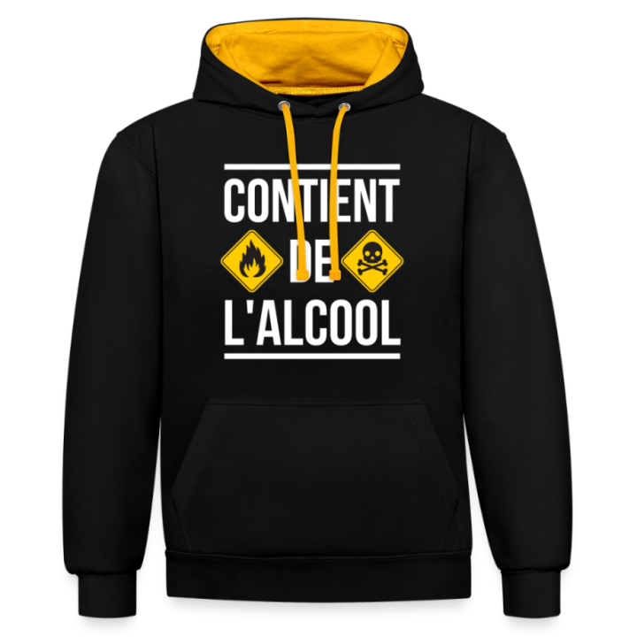 Sweat-shirt à capuche contrasté unisexe - Contient de l'alcool - noir/or - front