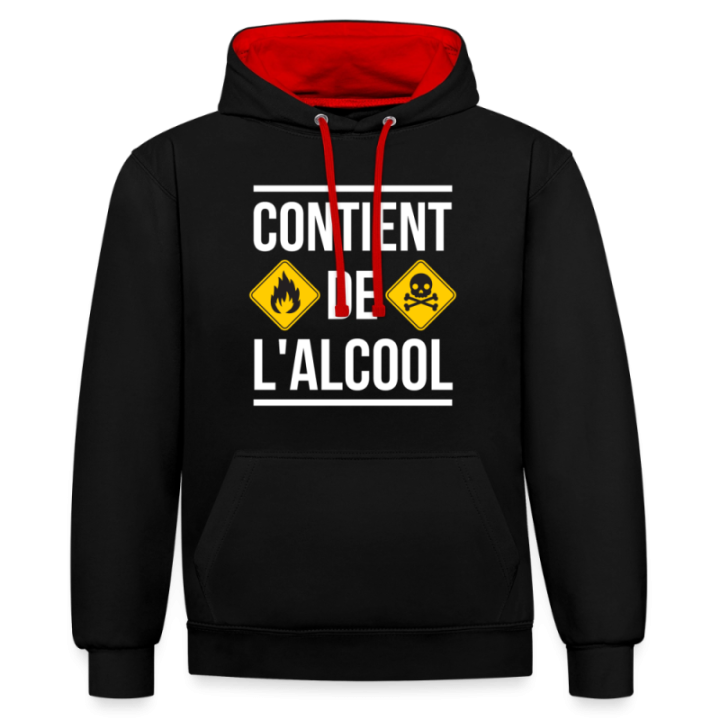 Sweat-shirt à capuche contrasté unisexe - Contient de l'alcool - noir/rouge - front