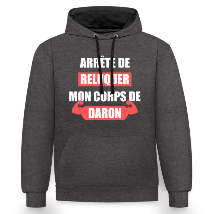 Sweat-shirt à capuche contrasté unisexe - Mon corps de daron - anthracite/noir - front