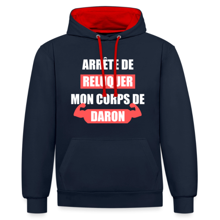 Sweat-shirt à capuche contrasté unisexe - Mon corps de daron - bleu marine/rouge - front