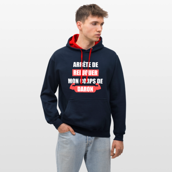 Sweat-shirt à capuche contrasté unisexe - Mon corps de daron - bleu marine/rouge - front