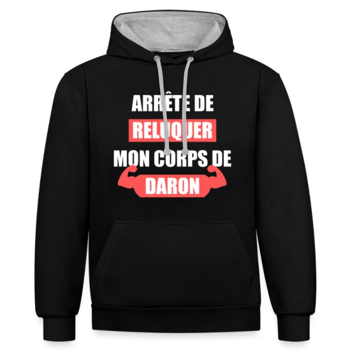 Sweat-shirt à capuche contrasté unisexe - Mon corps de daron - noir/gris chiné - front