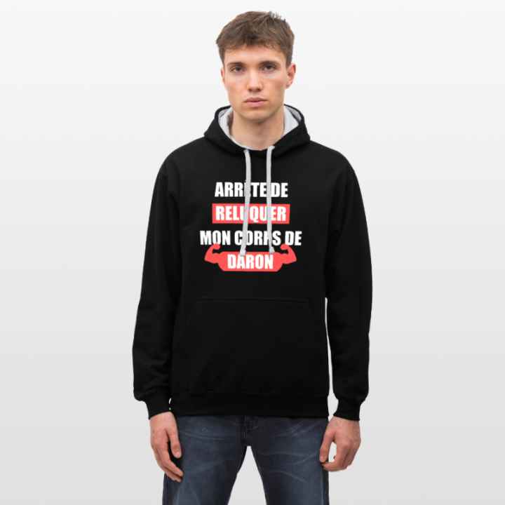 Sweat-shirt à capuche contrasté unisexe - Mon corps de daron - noir/gris chiné - front