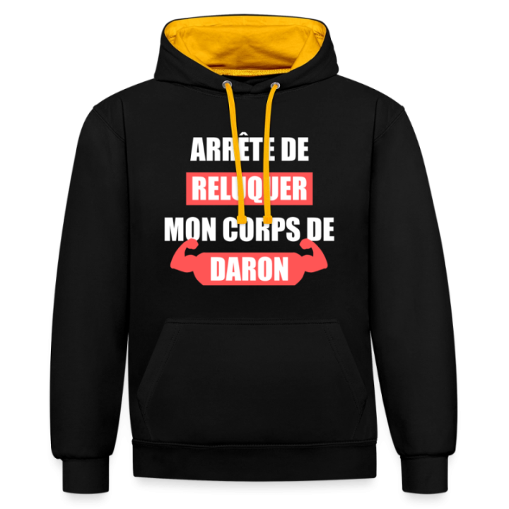 Sweat-shirt à capuche contrasté unisexe - Mon corps de daron - noir/or - front