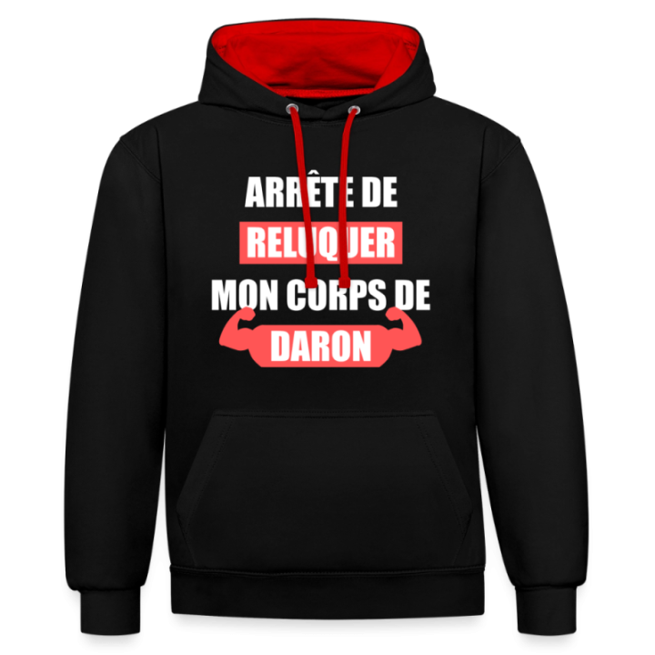 Sweat-shirt à capuche contrasté unisexe - Mon corps de daron - noir/rouge - front