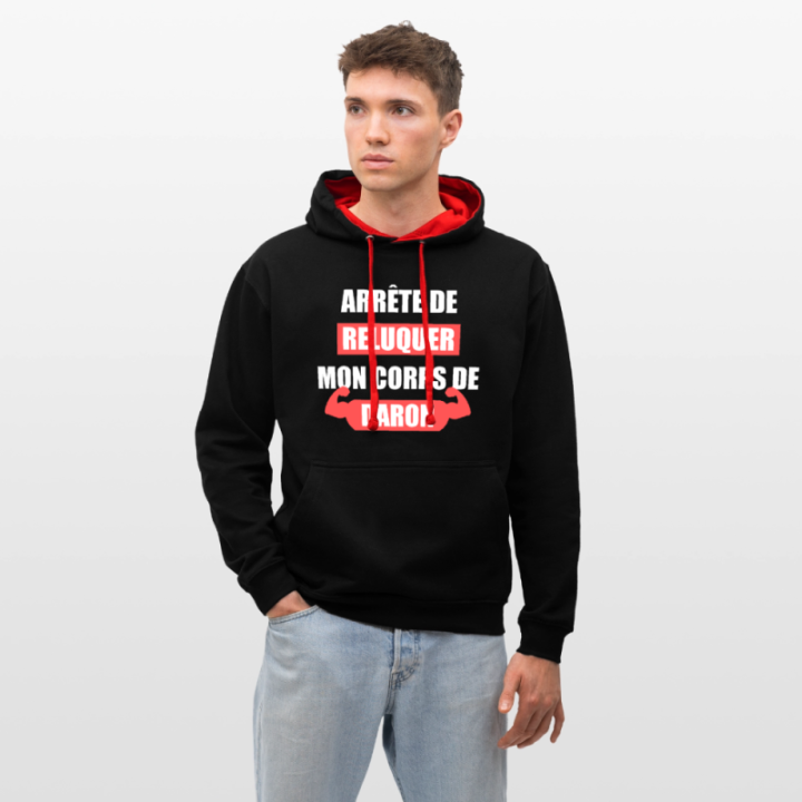 Sweat-shirt à capuche contrasté unisexe - Mon corps de daron - noir/rouge - front