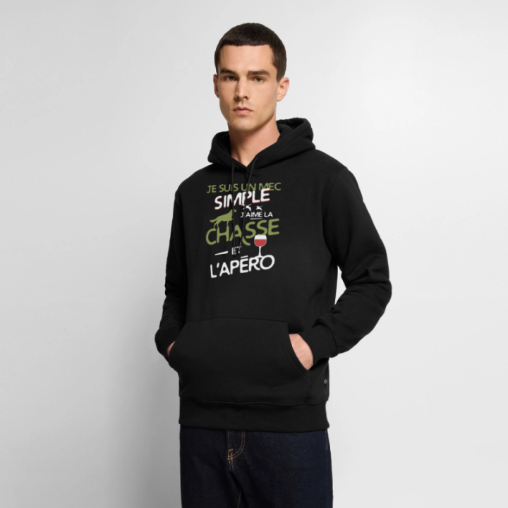Sweat-shirt à capuche premium homme - Un mec simple: Chasse et apéro - noir - front