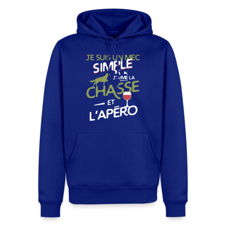 Sweat-shirt à capuche premium homme - Un mec simple: Chasse et apéro - bleu roi - front