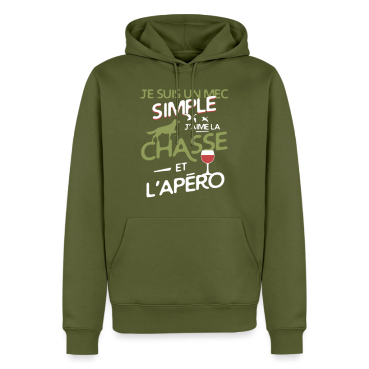 Sweat-shirt à capuche premium homme - Un mec simple: Chasse et apéro - kaki - front