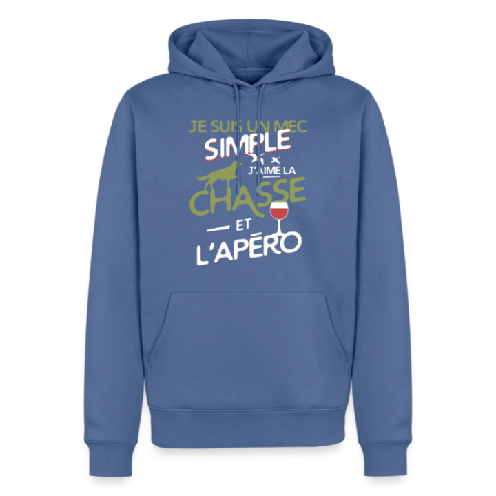 Sweat-shirt à capuche premium homme - Un mec simple: Chasse et apéro - bleu pigeon - front