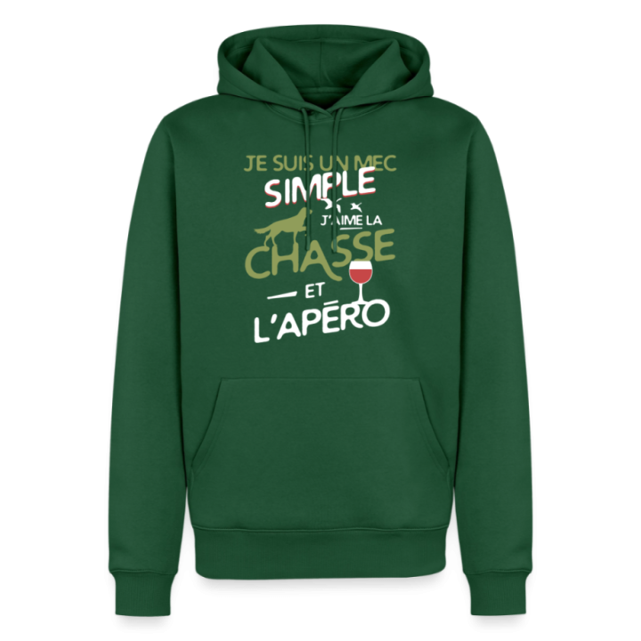 Sweat-shirt à capuche premium homme - Un mec simple: Chasse et apéro - vert bouteille - front