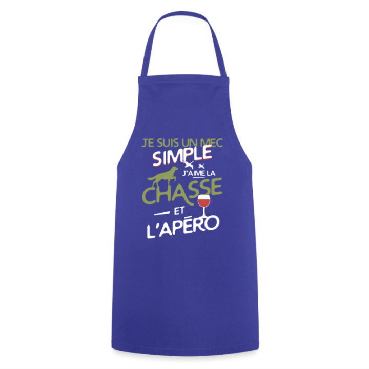 Tablier de cuisine - Un mec simple: Chasse et apéro - bleu royal - front