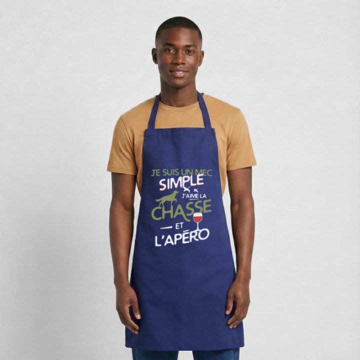 Tablier de cuisine - Un mec simple: Chasse et apéro - bleu royal - front