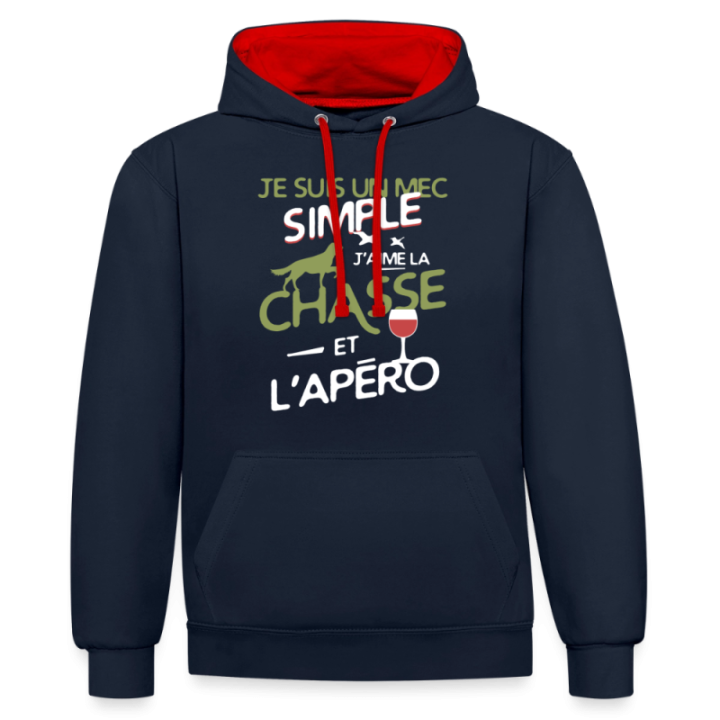 Sweat-shirt à capuche contrasté unisexe - Un mec simple: Chasse et apéro - bleu marine/rouge - front