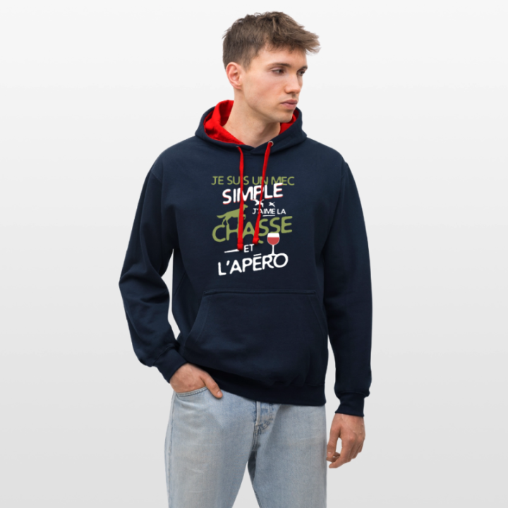 Sweat-shirt à capuche contrasté unisexe - Un mec simple: Chasse et apéro - bleu marine/rouge - front