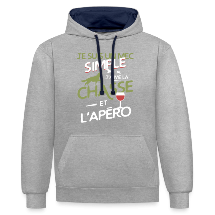 Sweat-shirt à capuche contrasté unisexe - Un mec simple: Chasse et apéro - gris chiné/bleu marine - front