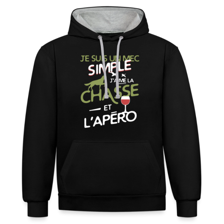 Sweat-shirt à capuche contrasté unisexe - Un mec simple: Chasse et apéro - noir/gris chiné - front