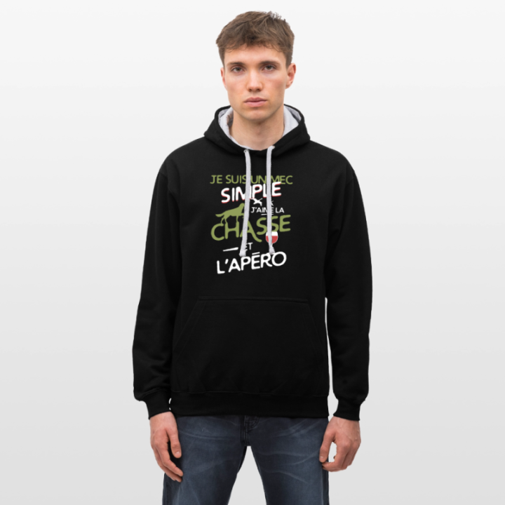 Sweat-shirt à capuche contrasté unisexe - Un mec simple: Chasse et apéro - noir/gris chiné - front