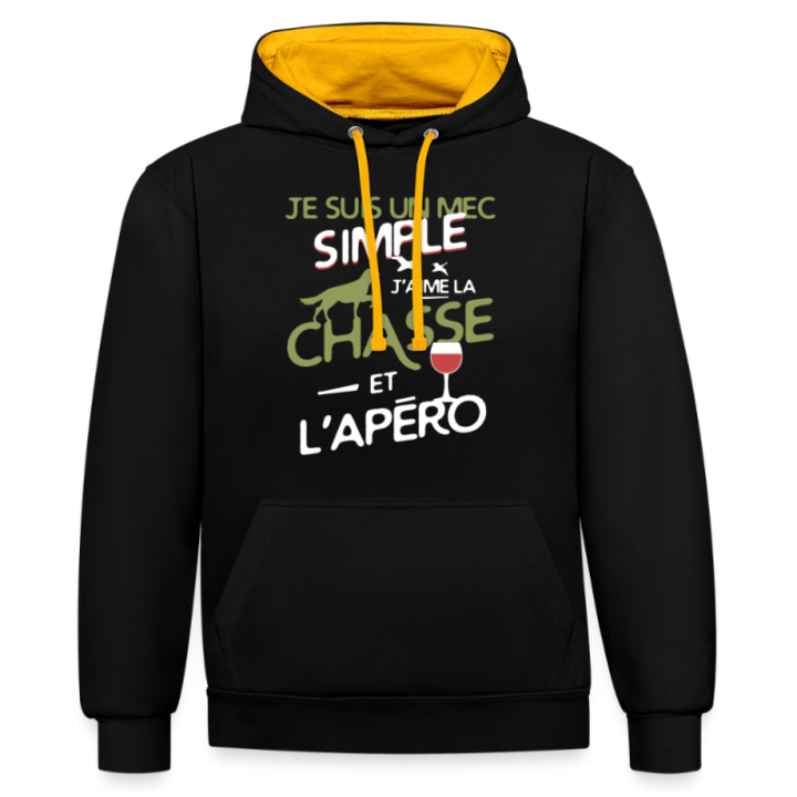 Sweat-shirt à capuche contrasté unisexe - Un mec simple: Chasse et apéro - noir/or - front