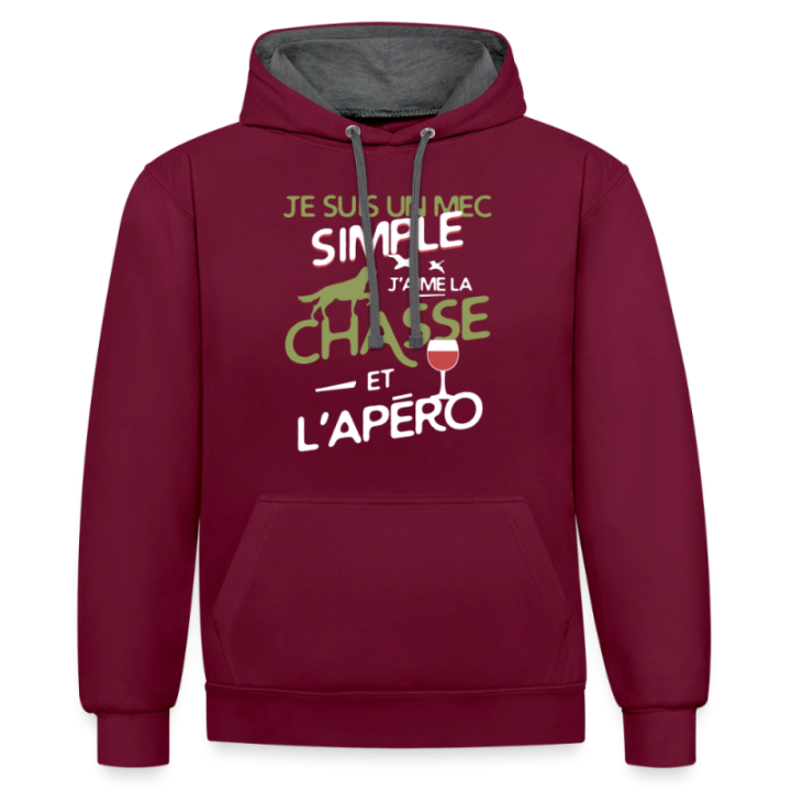 Sweat-shirt à capuche contrasté unisexe - Un mec simple: Chasse et apéro - bordeaux/anthracite - front