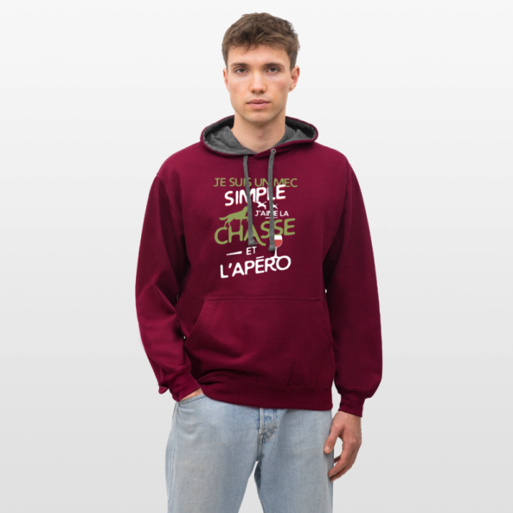 Sweat-shirt à capuche contrasté unisexe - Un mec simple: Chasse et apéro - bordeaux/anthracite - front