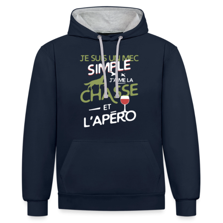 Sweat-shirt à capuche contrasté unisexe - Un mec simple: Chasse et apéro - bleu marine/gris chiné - front