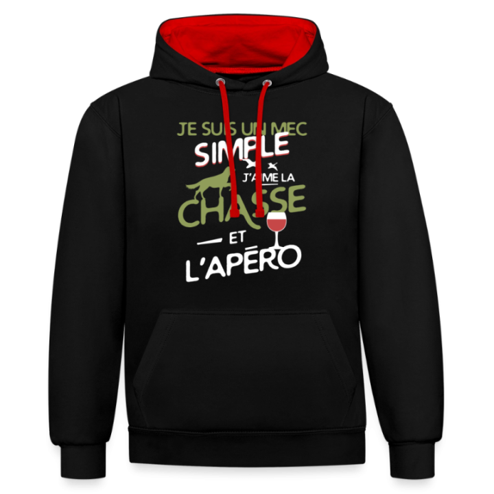 Sweat-shirt à capuche contrasté unisexe - Un mec simple: Chasse et apéro - noir/rouge - front