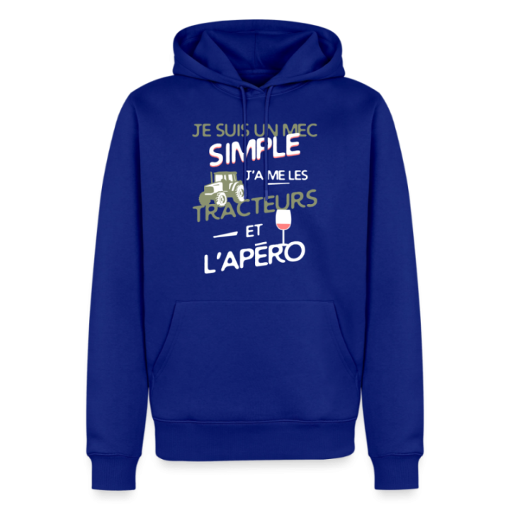 Sweat-shirt à capuche premium homme - Un mec simple: Tracteurs et apéro - bleu roi - front