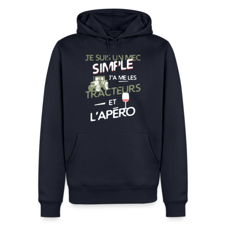 Sweat-shirt à capuche premium homme - Un mec simple: Tracteurs et apéro - bleu marine - front