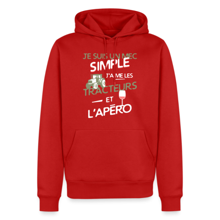 Sweat-shirt à capuche premium homme - Un mec simple: Tracteurs et apéro - rouge - front