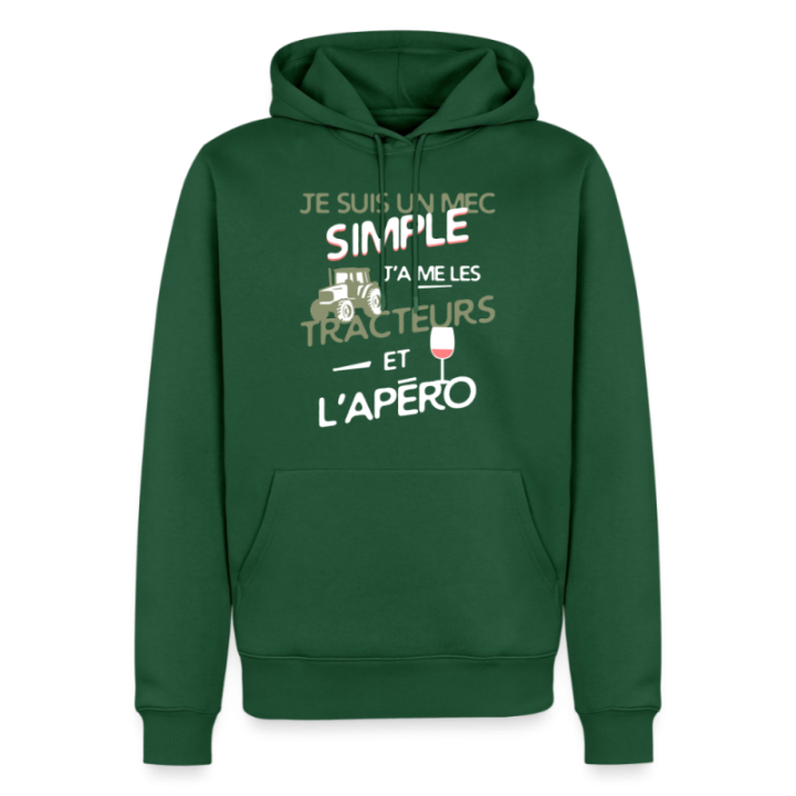 Sweat-shirt à capuche premium homme - Un mec simple: Tracteurs et apéro - vert bouteille - front