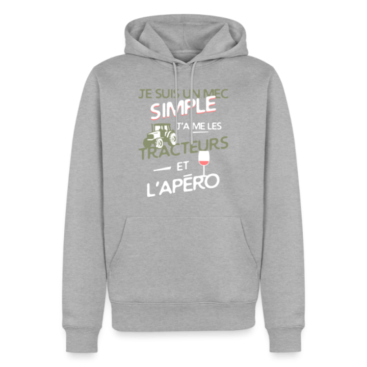 Sweat-shirt à capuche premium homme - Un mec simple: Tracteurs et apéro - gris chiné - front