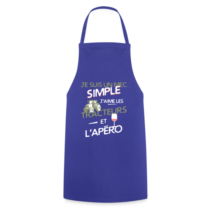 Tablier de cuisine - Un mec simple: Tracteurs et apéro - bleu royal - front