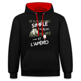 Sweat-shirt à capuche contrasté unisexe - Un mec simple: Tracteurs et apéro - noir/rouge - front