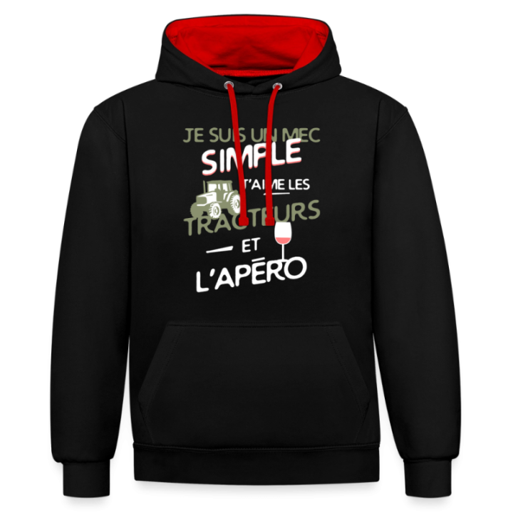 Sweat-shirt à capuche contrasté unisexe - Un mec simple: Tracteurs et apéro - noir/rouge - front