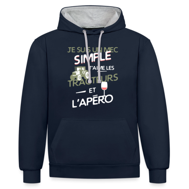 Sweat-shirt à capuche contrasté unisexe - Un mec simple: Tracteurs et apéro - bleu marine/gris chiné - front