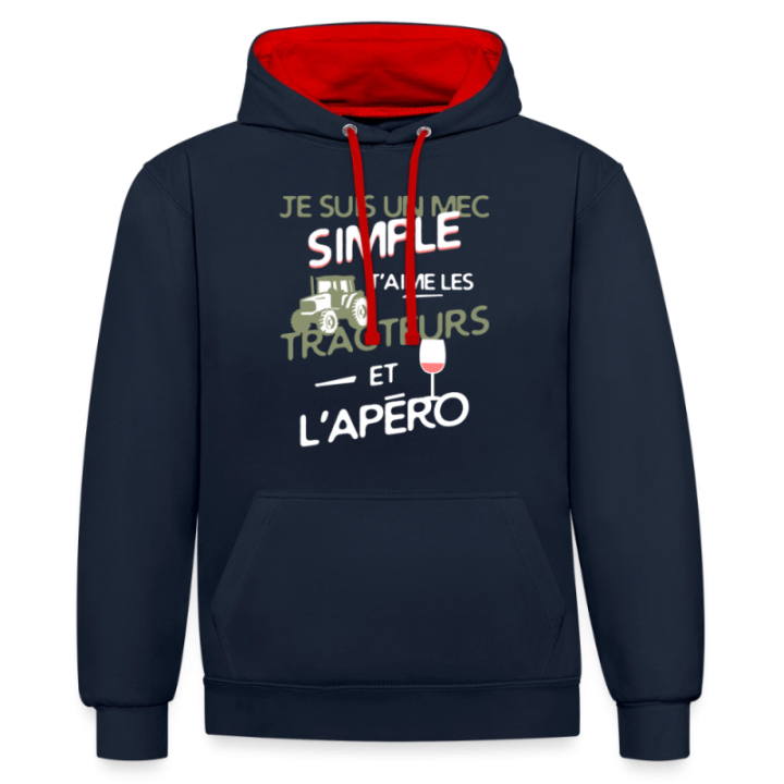 Sweat-shirt à capuche contrasté unisexe - Un mec simple: Tracteurs et apéro - bleu marine/rouge - front