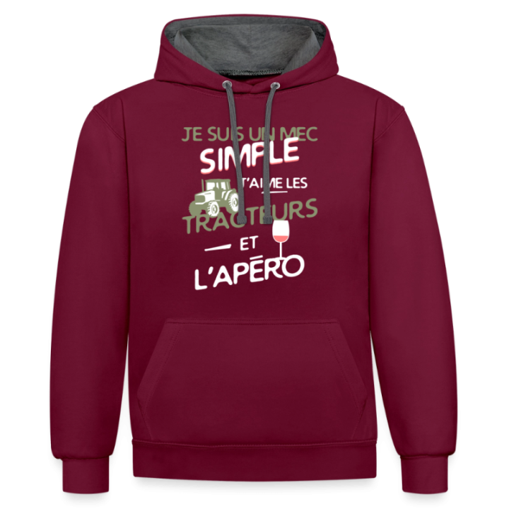 Sweat-shirt à capuche contrasté unisexe - Un mec simple: Tracteurs et apéro - bordeaux/anthracite - front