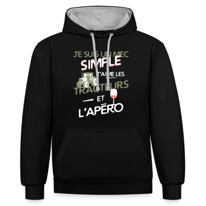 Sweat-shirt à capuche contrasté unisexe - Un mec simple: Tracteurs et apéro - noir/gris chiné - front