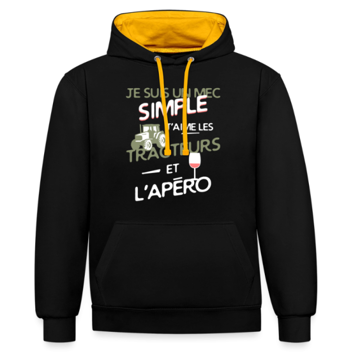 Sweat-shirt à capuche contrasté unisexe - Un mec simple: Tracteurs et apéro - noir/or - front
